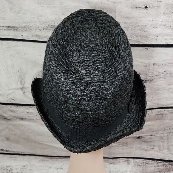 🐞Apt 9 Black/Dark Gray Flat Bow Trimmed Fedora Hat - Picture 3 of 9